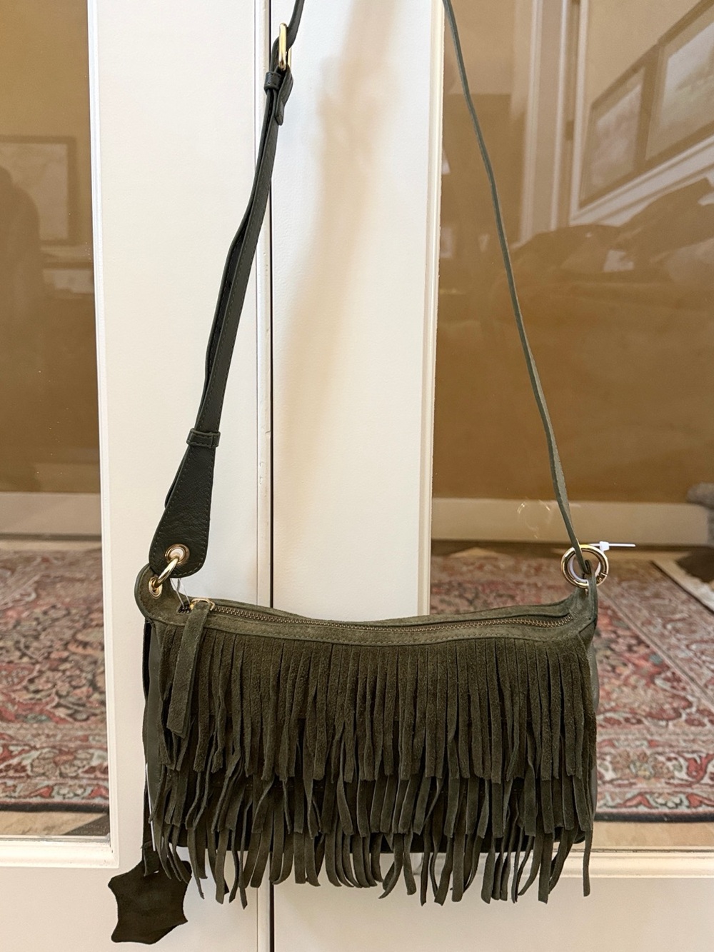 Haute Hippie Olive Green Genuine Suede Tiered Fringe Adjustable Crossbody Bag